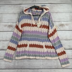 Hem & Thread Striped Open Knit Hoodie Sweater Womens Large Cream Multicolor NEW